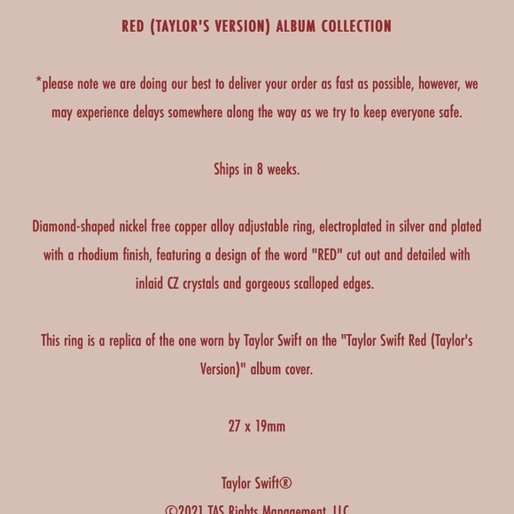 NEW Taylor Swift Red (Taylor’s Version) Album Ring - Picture 8 of 9